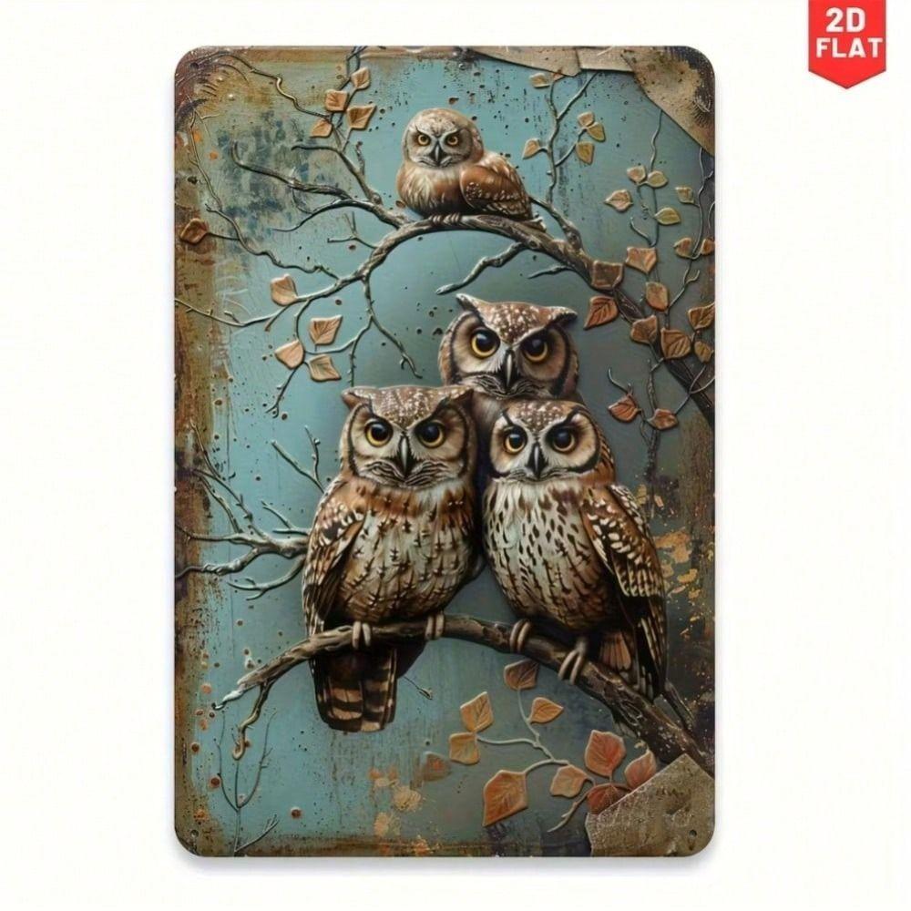 Vintage Owl Metal Wall Sign, Rustic Brown Blue Tin Poster, Home Interior Decoration
