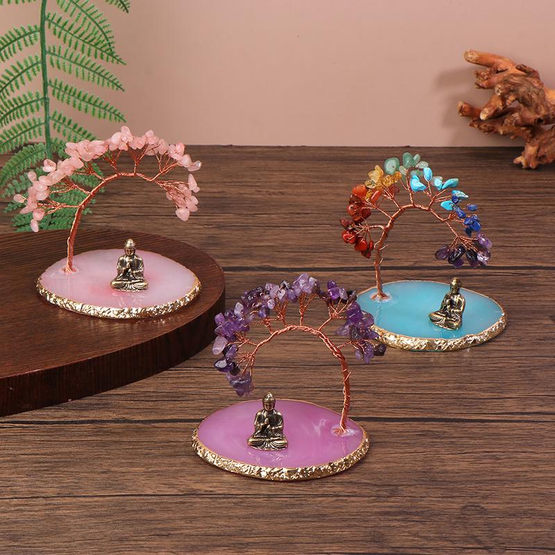 Delicate Buddha Statue with Healing Crystal Tree Set, Home Ornaments for Yoga and Meditation Decoration
