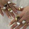 Vintage Natural Stone Stainless Steel Rings for Women Men Trendy Gold Plated Hollow Geometric Ring Finger Accessories Jewelry