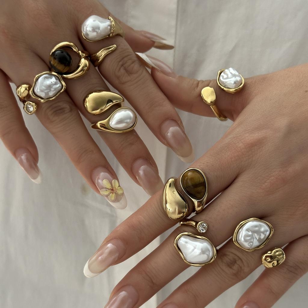 Vintage Natural Stone Stainless Steel Rings for Women Men Trendy Gold Plated Hollow Geometric Ring Finger Accessories Jewelry