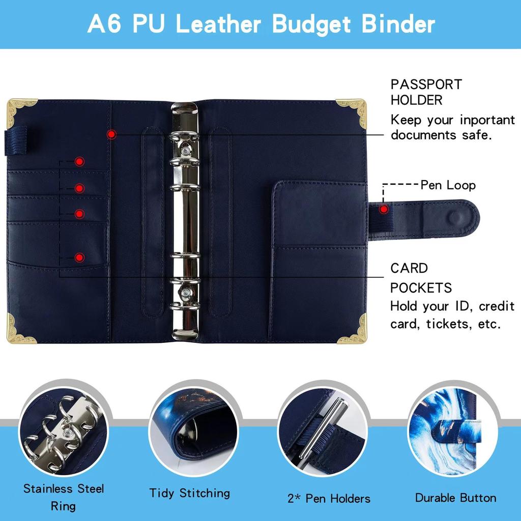 PU Ring Binder Budget Planner with Stickers - A6 Cash Envelope Notebook