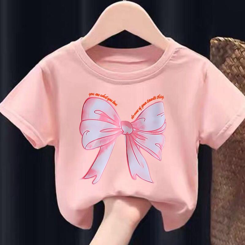 

Children s Summer T-shirt Casual Trend Bowknot Print Fashionable Round Collar Short Sleeve Kids Clothing Summer 140 розовый