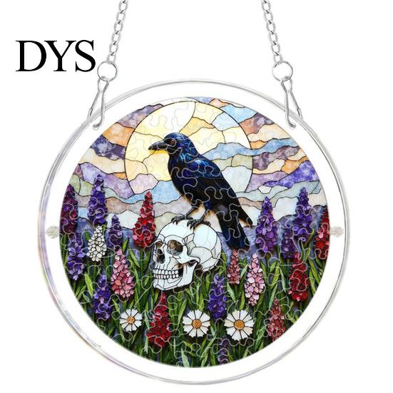 Halloween Party Hanging Props Acrylic Puzzle Window Suncatcher, Stained Glass Style Ornament Vintage Illustration with Metal Chain, Decorative
