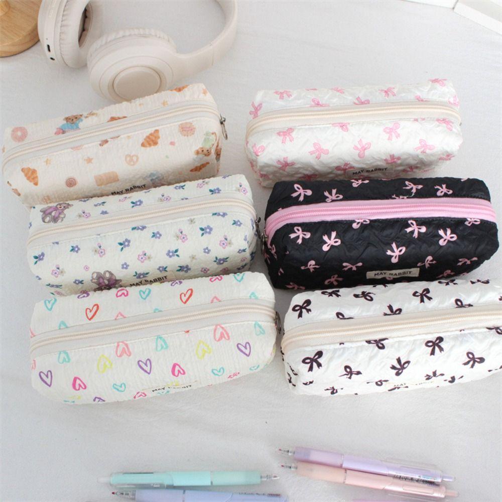 INS Bow Print Pencil Case Large Capacity Student Stationery Storage Bags Back to School Gifts
