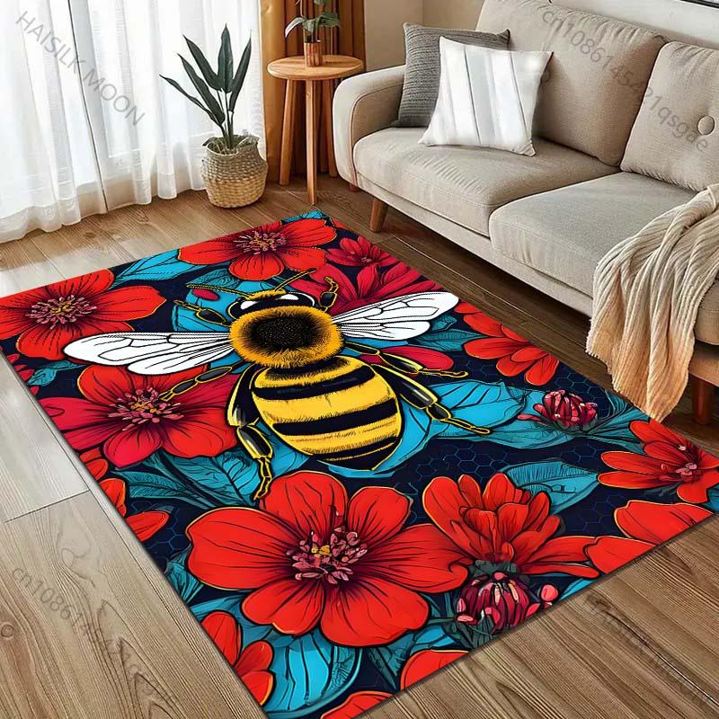 Rote Blume Biene Kreativitäts-Print Teppich für Wohnzimmer Schlafzimmer Bettseite Sofa Tisch Bodenmatte Heim Bereichsteppich Dekoration Große Größe