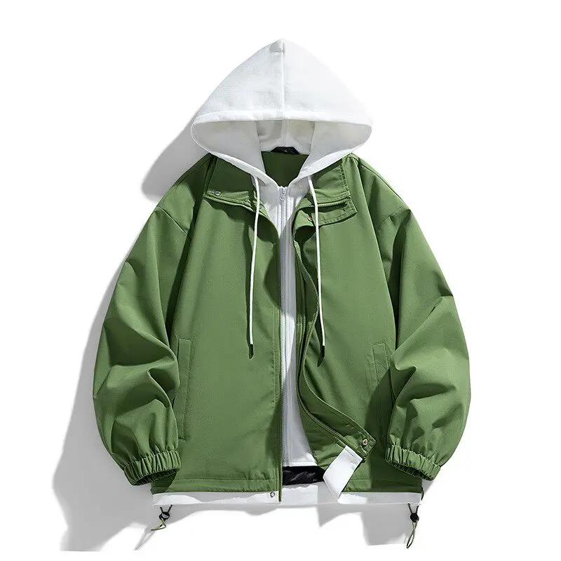 Spring Autumn New Fashion Hooded Jacket Men Hong Kong Style Patchwork Jackets Male Fake Two Pieces Casual Coat Hoodies Outerwear