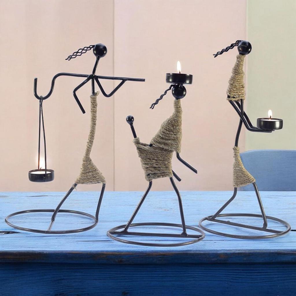 Eisen Teelichthalter Set – Handgefertigte Metallfiguren mit Juteschnur, 30 cm – Dekorative Kerzenhalter für Zuhause, Festivals und Geschenke