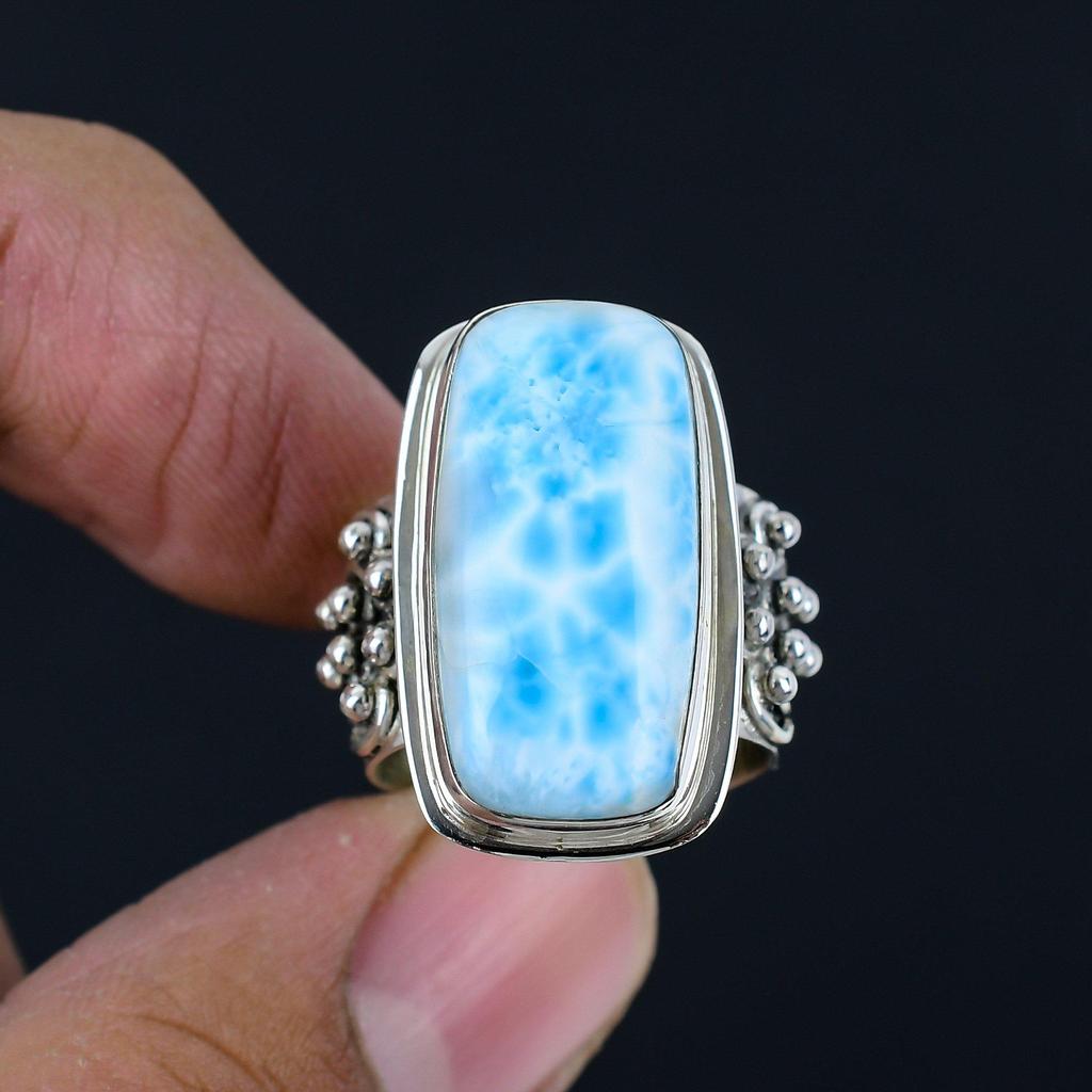 Natural Larimar Gemstone Ring 925 Sterling Silver Handmade Wide Band Huge Statement Rings For Women & Girls