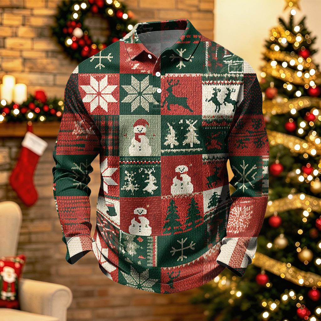 Men's Casual Quick-Dry Mesh Golf Shirt Long Sleeve Christmas Print Top