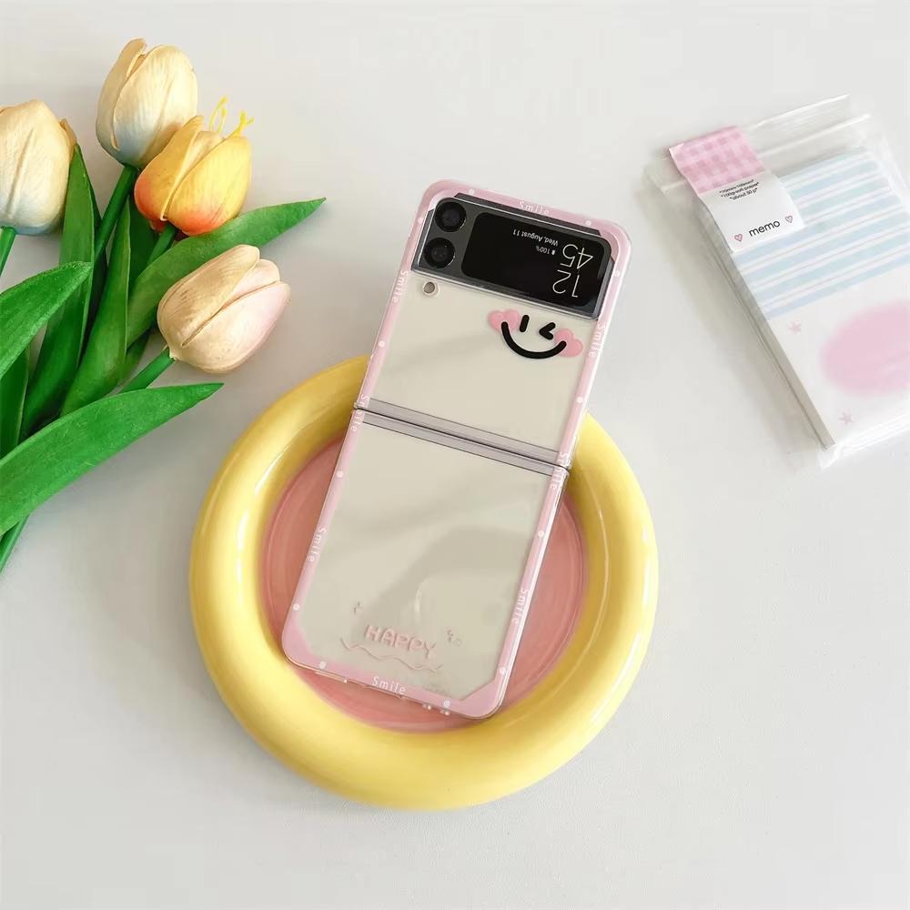 Korean Cute Happy Pattern Phone Case For Samsung Galaxy Z Flip 6 5 3 4 Transparent Hard Folding Fundas Shockproof