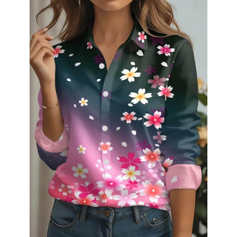 Autumn New Plaid Tie Dye Print Blouse Ladies Long Sleeve Gradient Button Laple Loose Shirts Tops Casual Fashion Women's Clothing