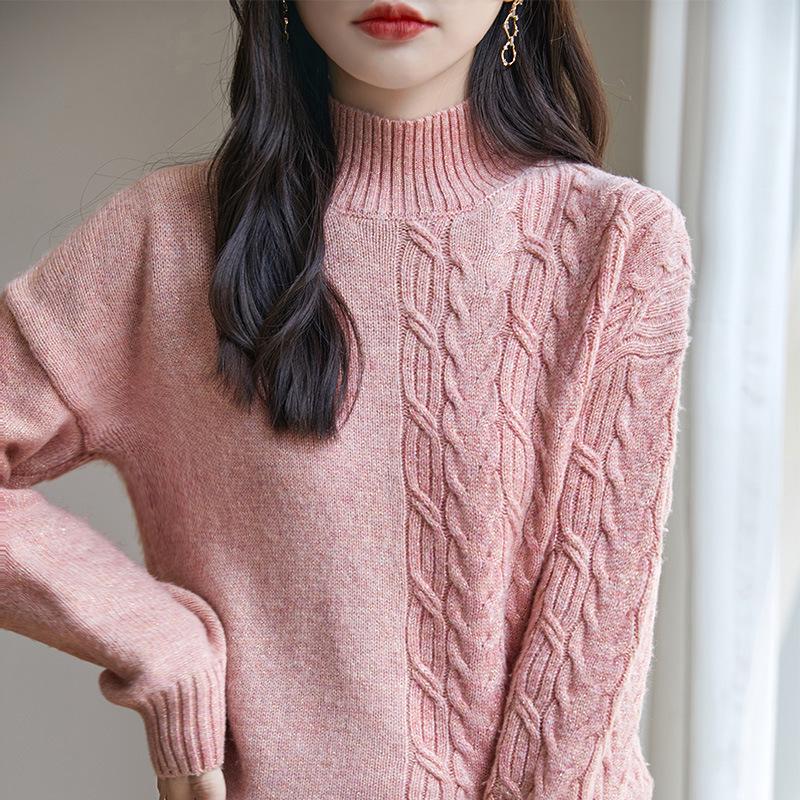 Damen Jacquard Wollpullover mit hohem Kragen, Gold- und Silberfaden - Verdickt, Lockere Passform für Herbst und Winter