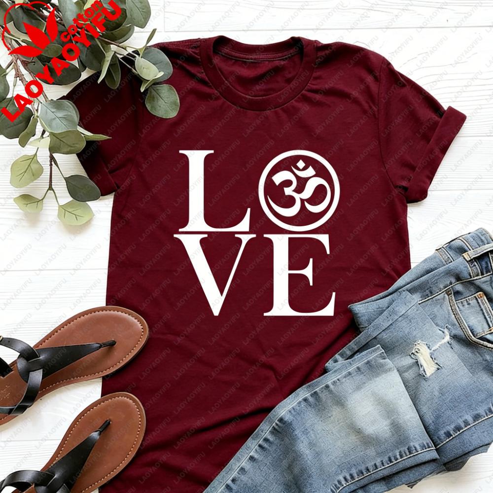 Love Yoga Tee Ohm Symbol Love Yoga Shirt Meditation TShirt Yoga Lover Casual Gift Tshirt Women Daily Life Cotton Clothing