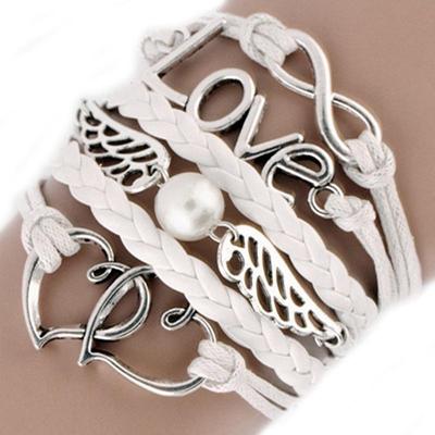 Fashion Womens Leather Multilayer Cute Infinity Love Heart Wings Bead Charms Bracelet