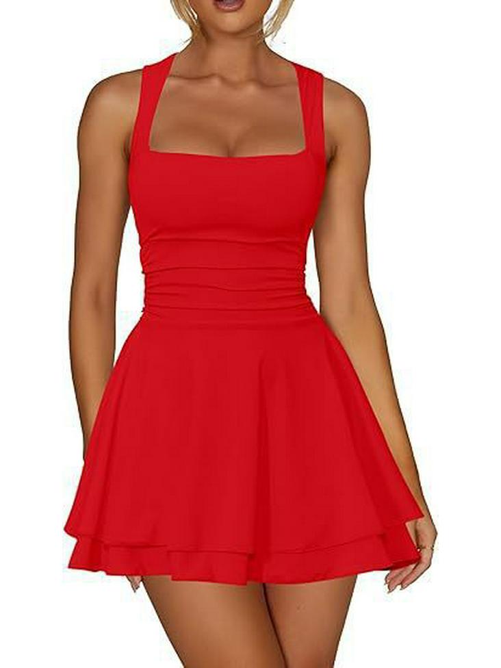 

European & American Square Neck Mini Dress with Pleated Hem and High Waist - Women s Fashion 2026 L красный