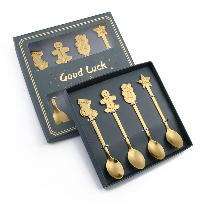 4Pcs Christmas Coffee Spoons with Gift Box Stainless Steel Snowman Star Dessert Spoons Teaspoons Cutlery Spoon Christmas Gift