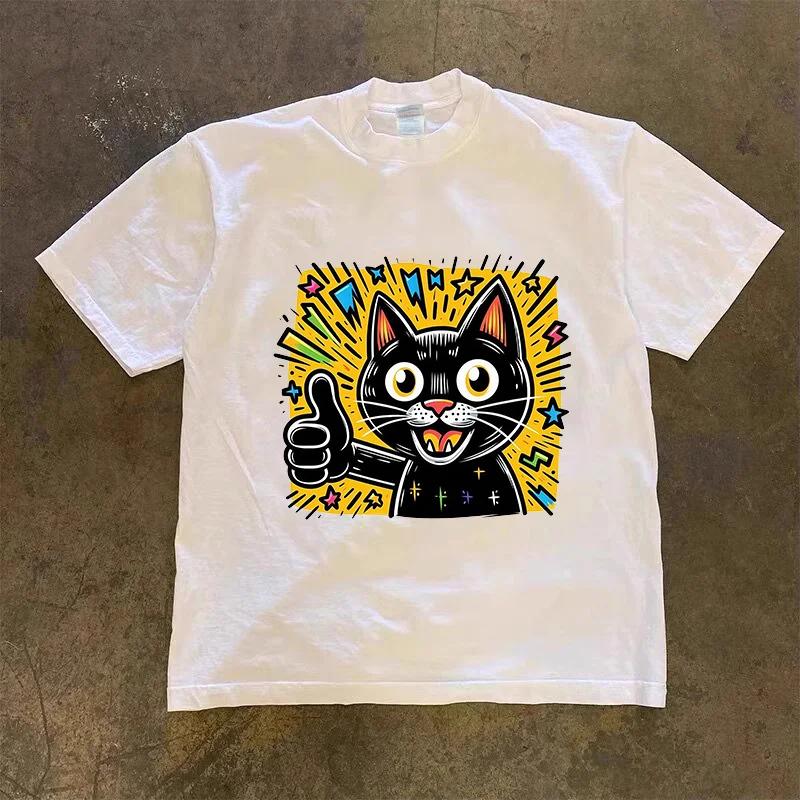 2025 Harajuku Retro Schwarzkatzen-bedrucktes T-Shirt neues Hip Hop Kawaii Übergröße T-Shirt und wo kurzärmliges Oberteil