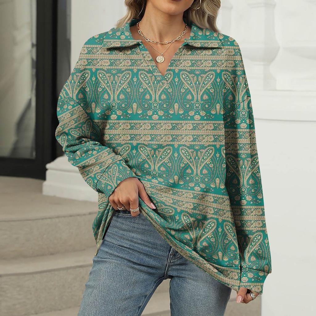 Women's Summer Fashion Casual  Printed V-Neck Long Sleeve Shirt Top