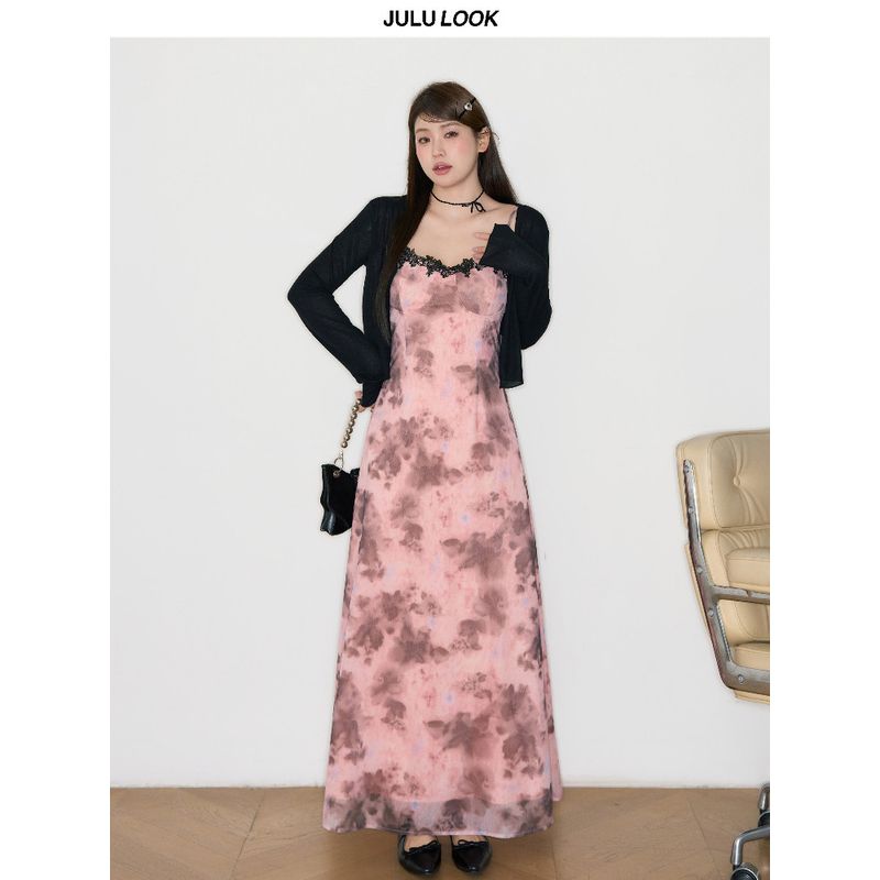 Julu Studio "Flower Dream Summer" Slightly Oversized Girls Pure Desire Lace Stitching Printing Suspender Skirt Plus Size Dress