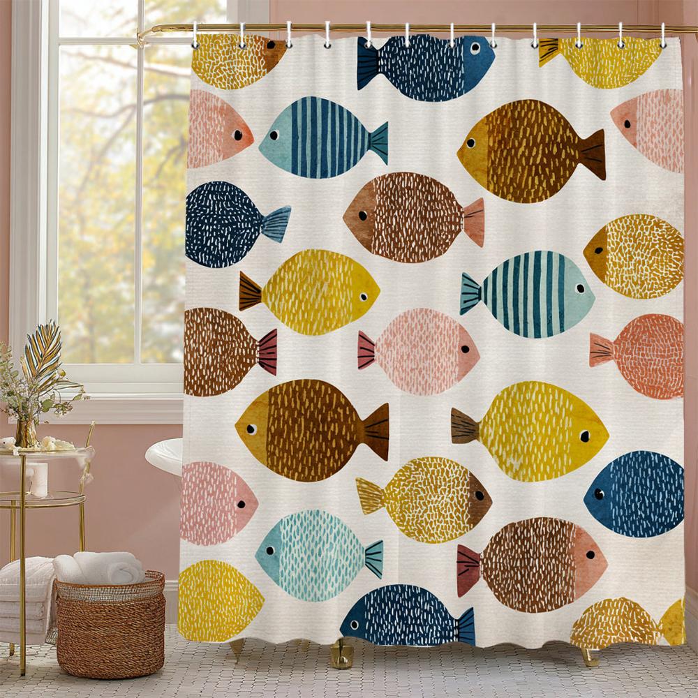 Cartoon cute fish children Shower Curtain, Bathroom Decorative Shower Curtain, Waterproof Shower Curtain with Hooks