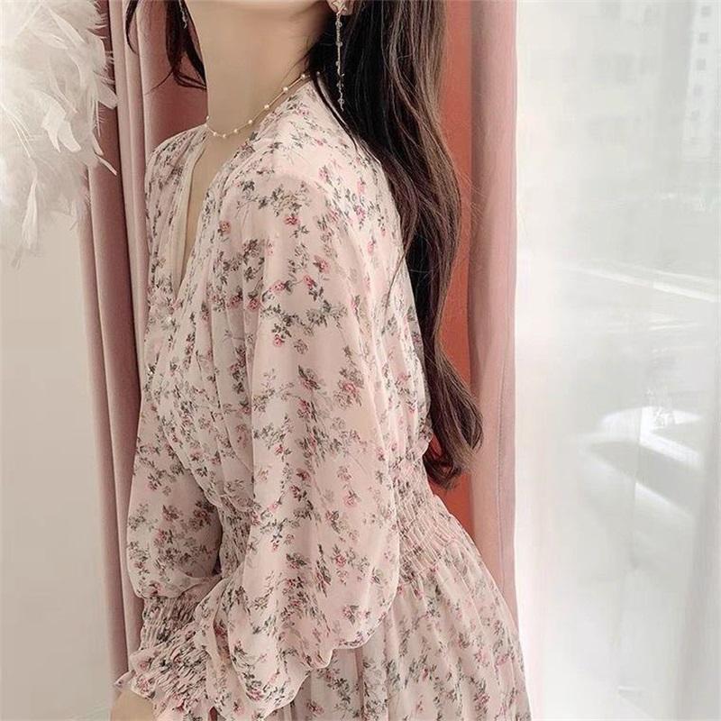 Women's Floral Print V-Neck Long Sleeve Maxi Dress Casual Party