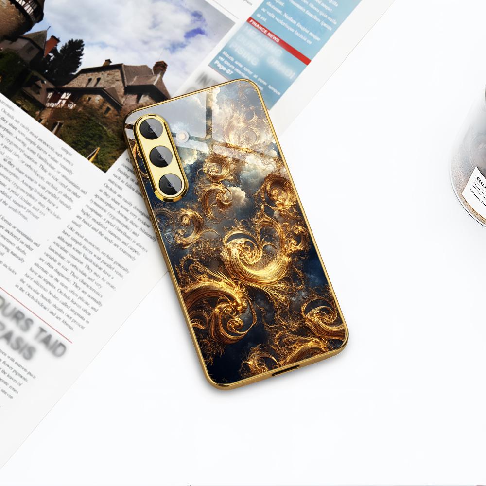 Gold-plated tempered glass phone case, compatible Galaxy S26, S25, S24, S23, and S22 Ultra Plus. Features a gold textured design