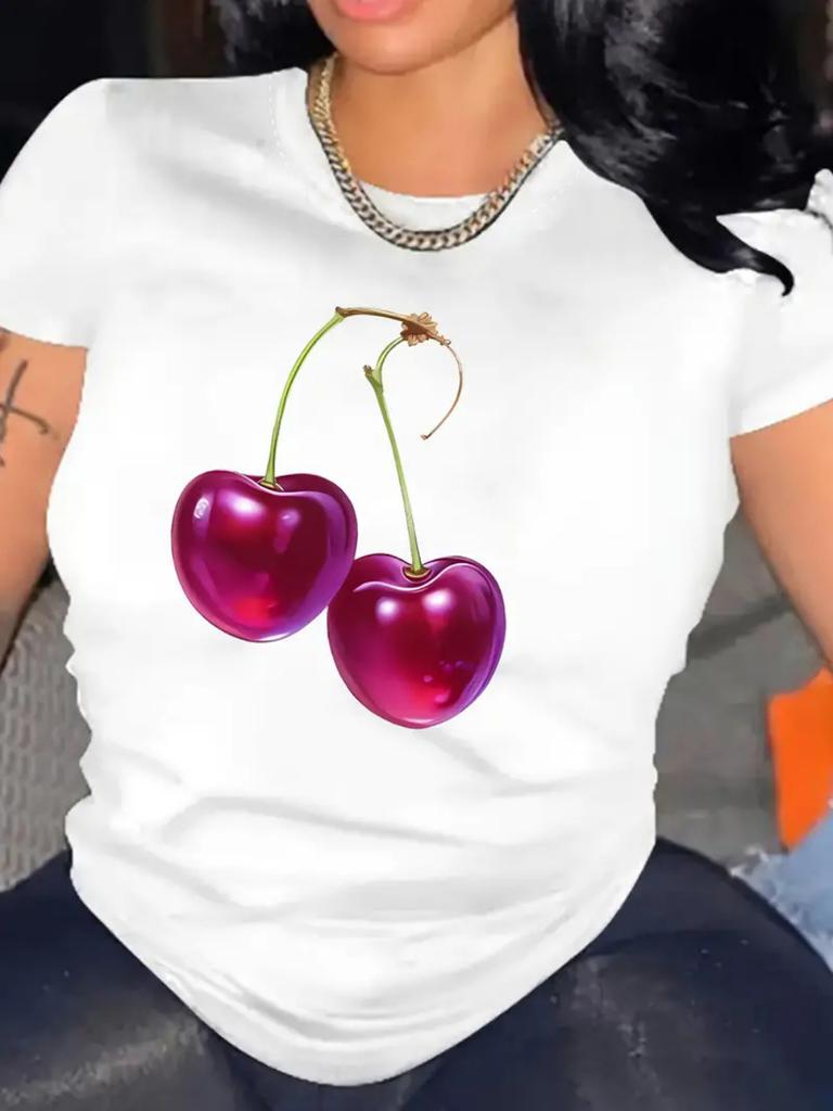 Cherry Print Womens Tshirt Women Loose Comfortable Tee Red Cherries Graphic Daily Streetwear Fashion Soft Top T Shirt