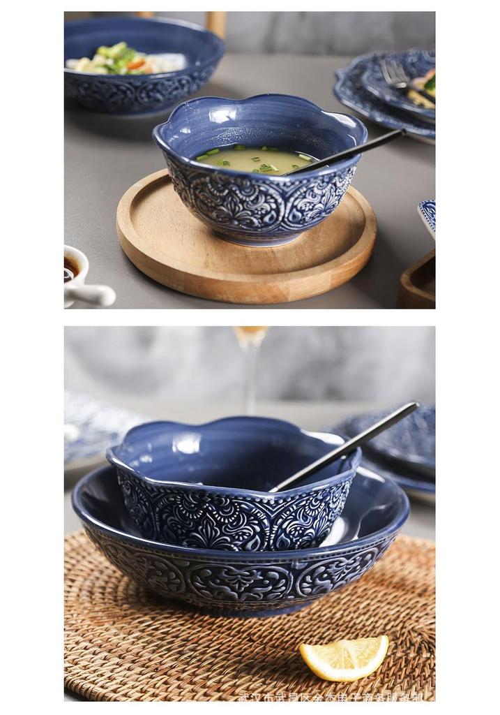 European Baroque Embossed Ceramic Dinner & Soup Plate Set