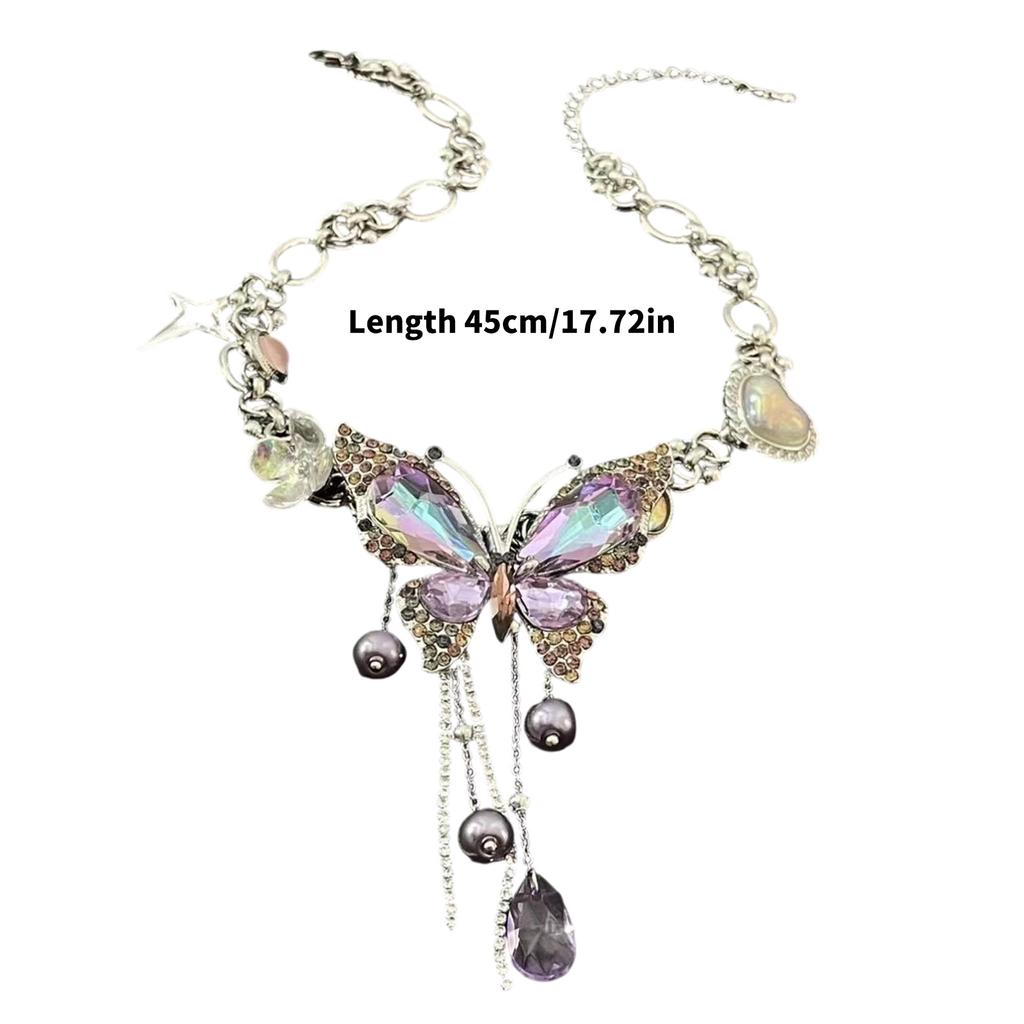Dazzling Allover Crystal Butterfly Love Charm Necklace Moving Fringe Detailing Clavicle Chain Adjustable Neckchain