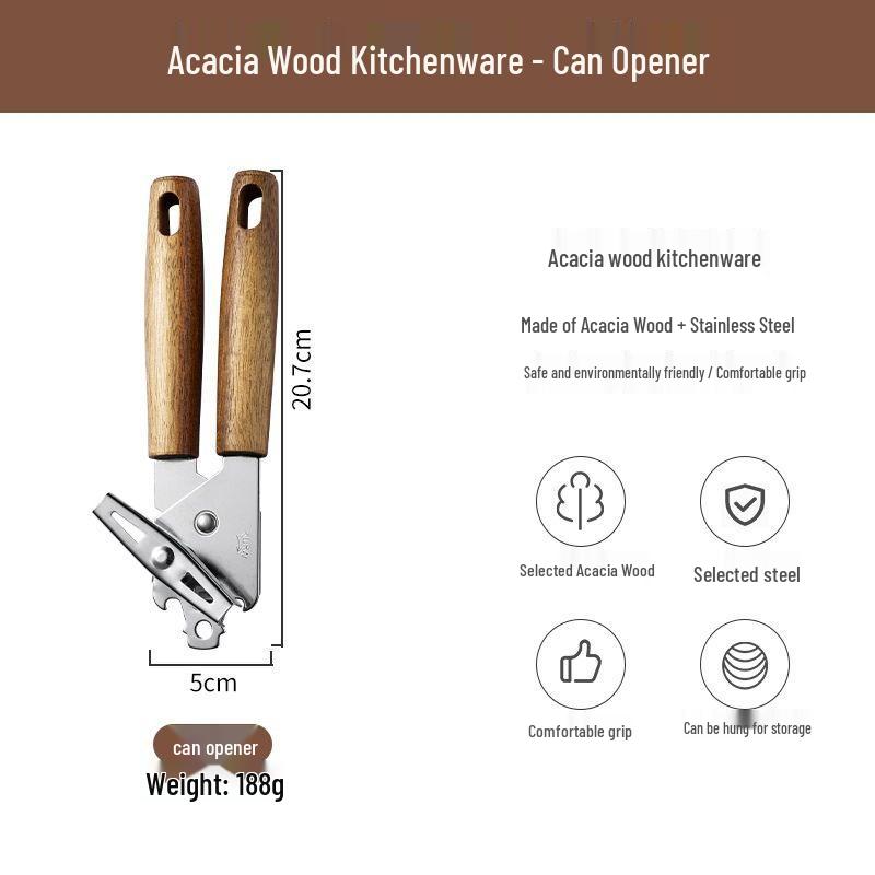 Acacia Wood Kitchen Gadget Set: Peeler, Can Opener, Egg Beater, Pizza Cutter, Cheese Shovel
