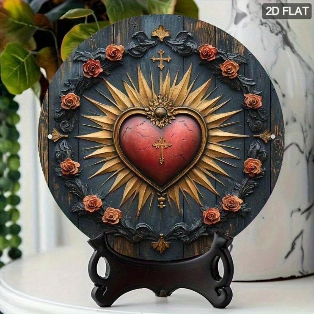 Vintage Heiliges Herz Jesu 7,8 Zoll Runde Wandplakette Gotische Religiöse Kunst Holzdekor Strahlender Sonnenstrahl Rotes Herz