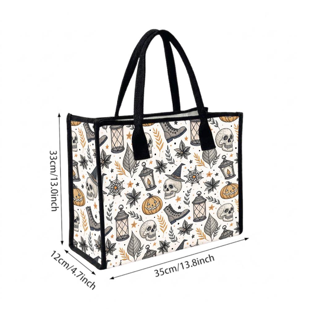 Halloween Pattern Canvas Tote Bag Casual Portable Large Capacity Shoulder Handbag for Daily Use