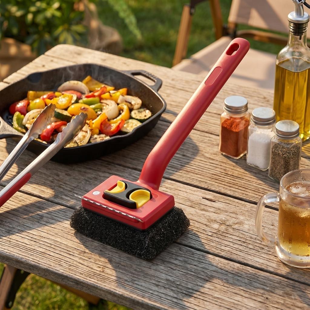 Portable Outdoor Manual Grill Cleaner Brush with Sturdy Handle and Replaceable Scrubbing Pad for Efficient Barbecue Cleaning