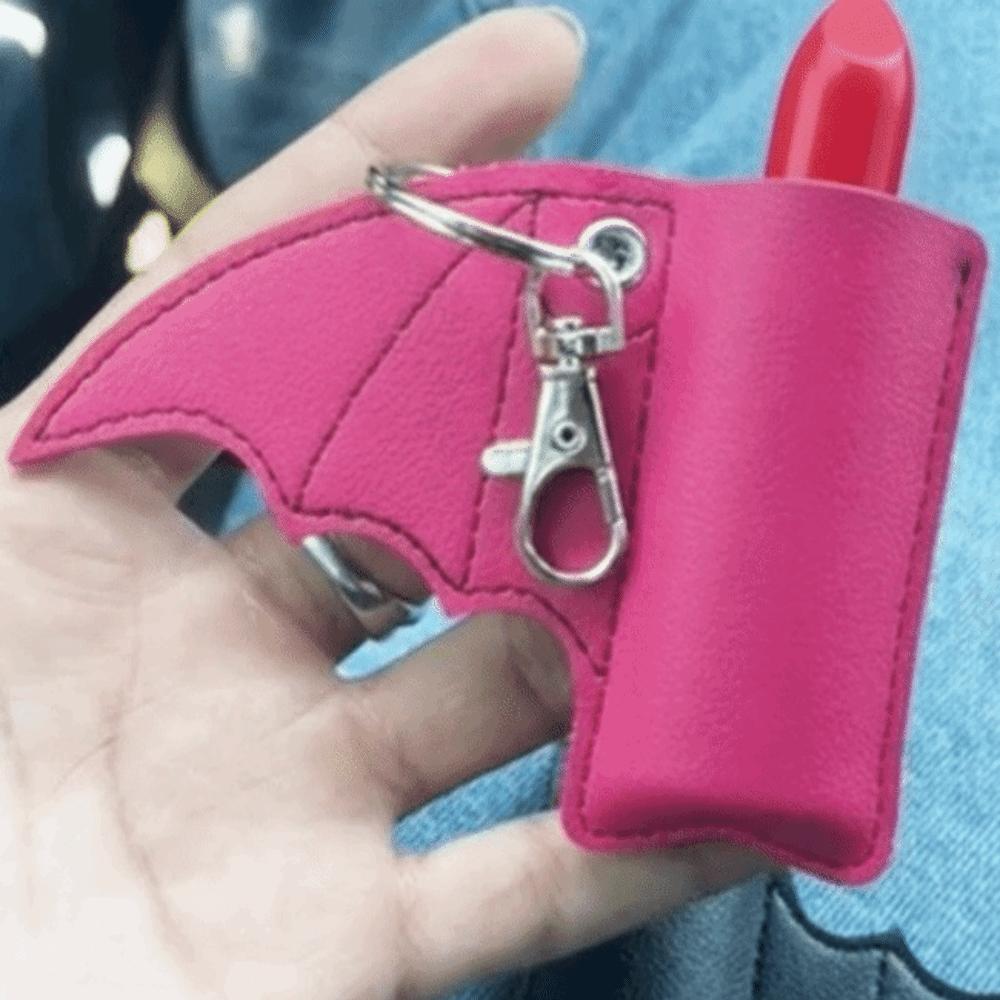 PU Leather Bat Pouch Keychain Black Wing Design Gothic Lipstick Holder  Car Keyring