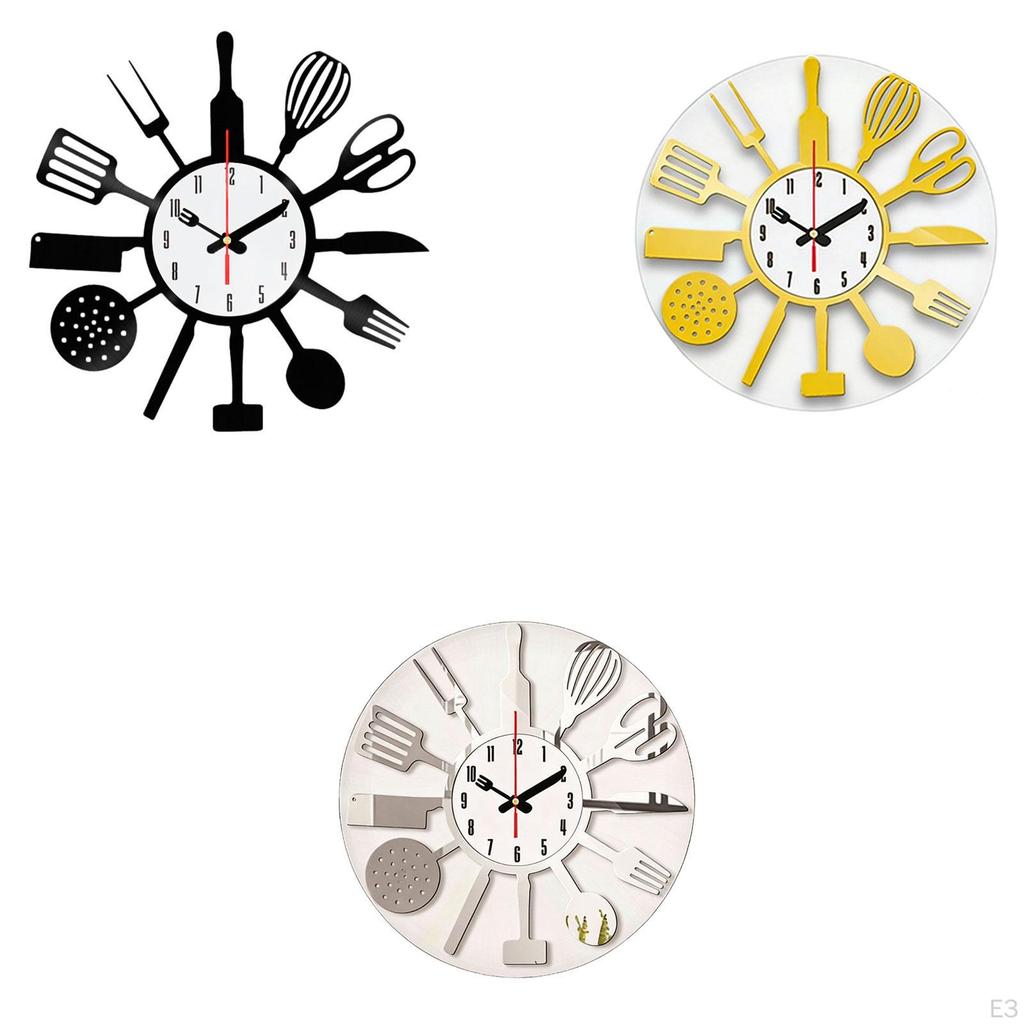 Acrylic Kitchen Wall Clock with Decorative Utensils, Silent Mechanism And Easy-to-Read Numbers,