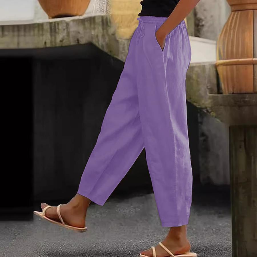 Spring Autumn New Women's Cotton Linen Solid Color Fashion Casual Loose Side Pocket Elastic Pants for Women