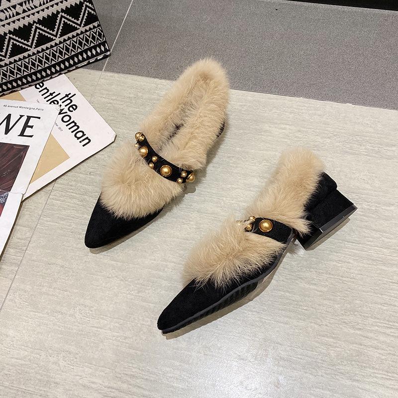 Mode Winter Neu Damen Spitzzehen Nieten Dicke Absätze Loafer Retro Stil Warm Lässig Slipper Klobige Schuhe Damenschuhe Damenstiefel