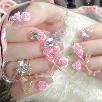 24pcs Press On Nails Spring Flower Love Marble Bow False Nail Middle Ladder Detachable Wearable Nail Daily Wear for Women&Girl