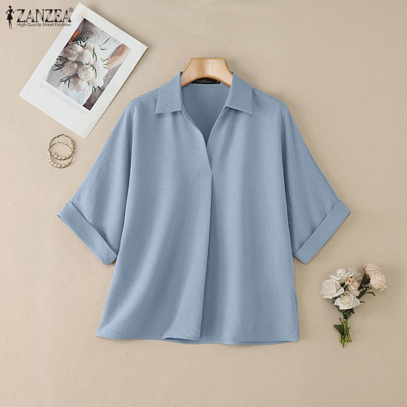 ZANZEA Women Casual Turn Down Collar Loose Short Sleeve Blouse