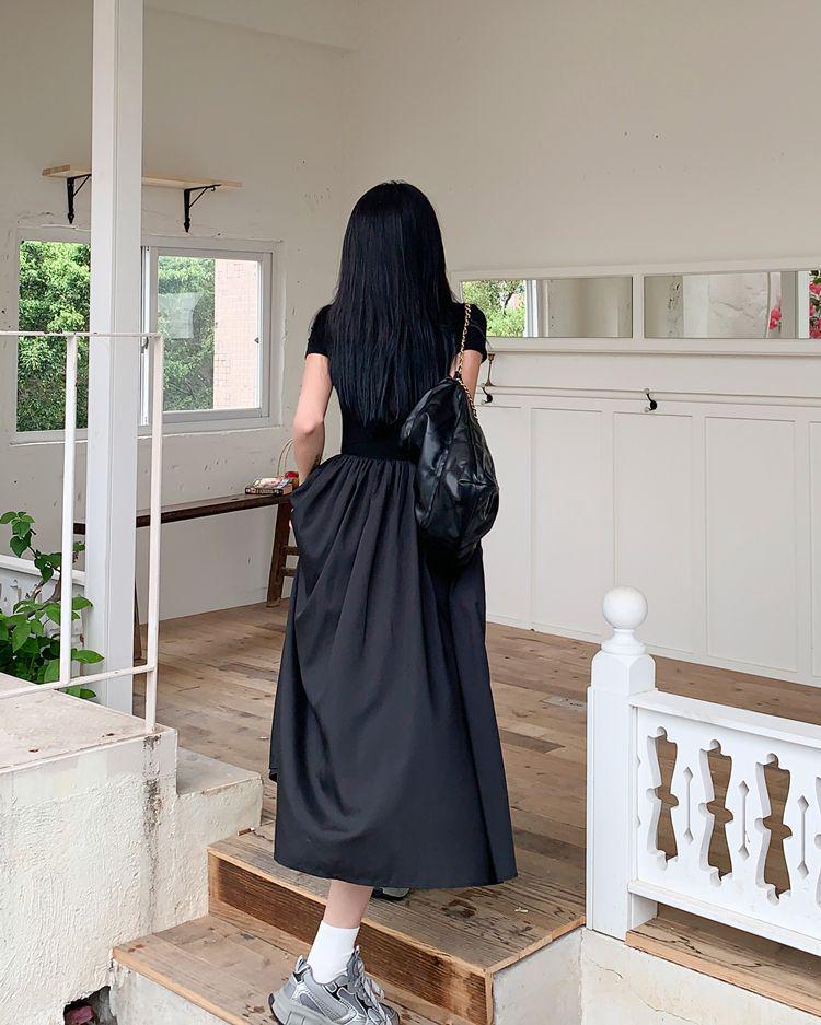 Hepburn Style Square Neck Black Slimming Spliced Dress