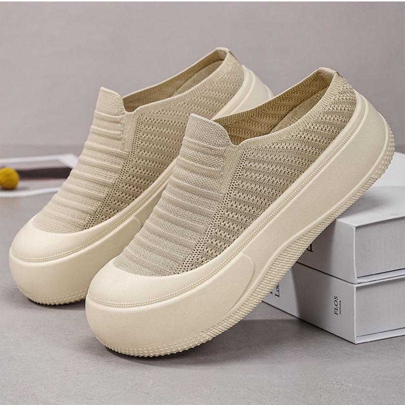 Summer Breathable Thick Soled Shoes with Toe Caps, Solid Color, Shallow Opening, Height Increasing Shoes, Simple Soft Sole, Half Support