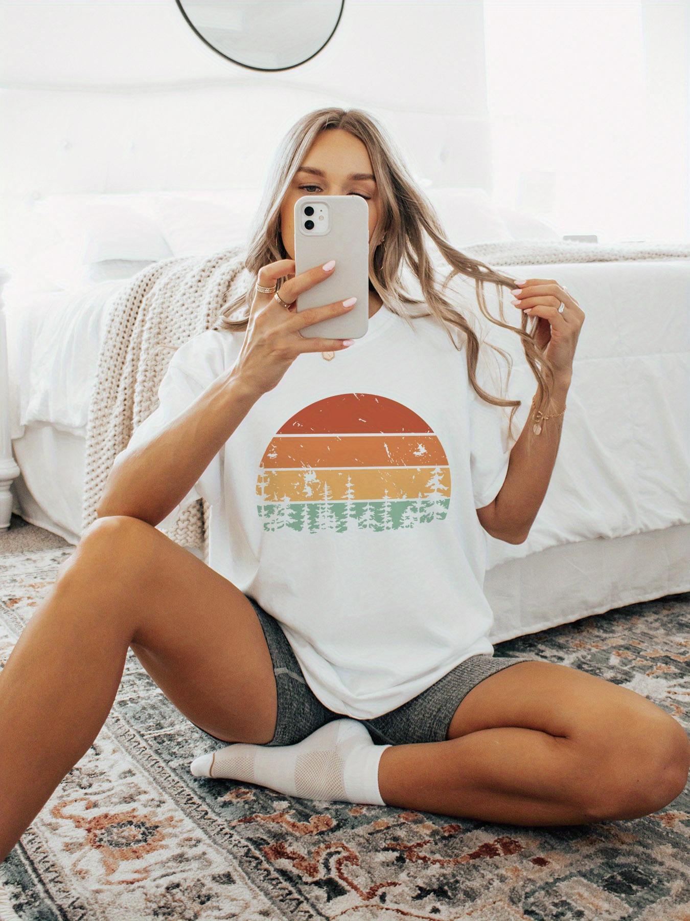 

2026 Summer Retro Womens Forest Tree Print TShirt Unisex Cotton and Breathable Short Sleeve Oversized Loose Casual S