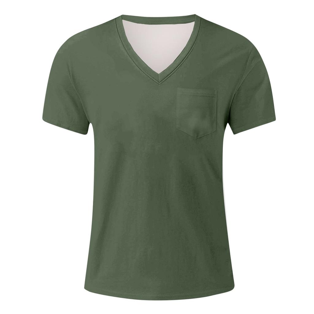Men's Summer Solid Color V-Neck Loose Pocket Short Sleeve Top