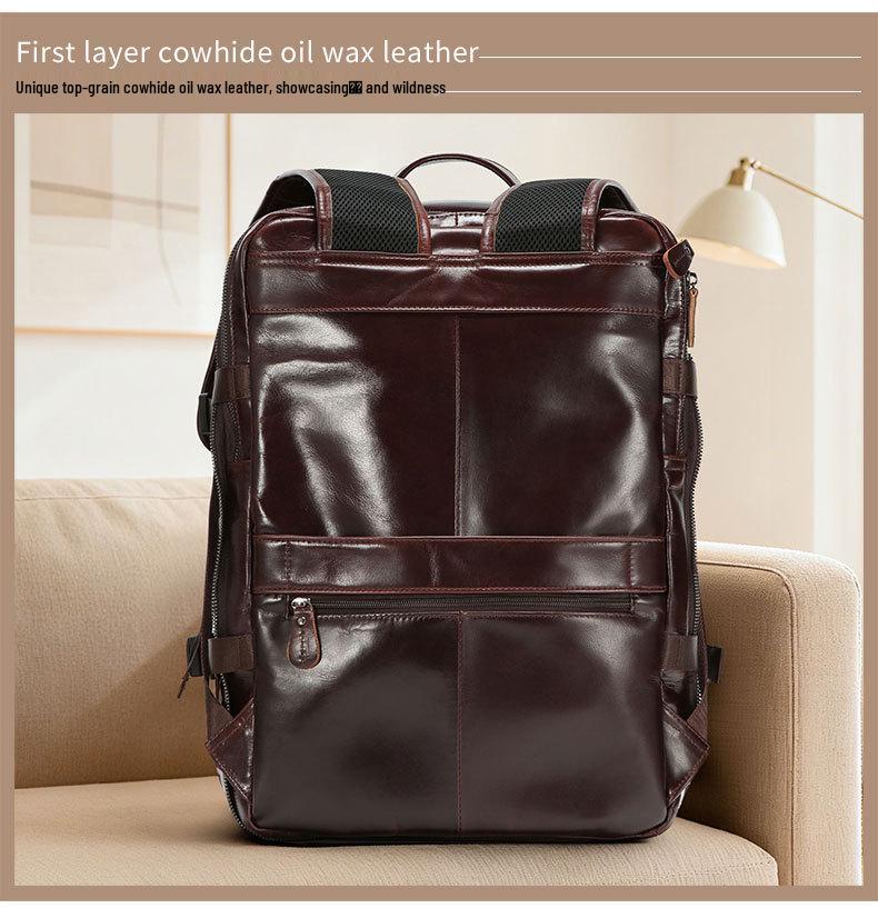 Men's Genuine Leather Expandable Large Capacity Shoulder Backpack for Business Travel