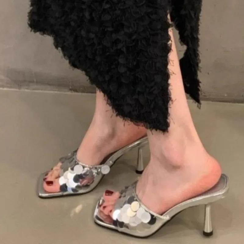 2025 Summer Hot Selling Women's High Heels and Slippers Fashionable and Elegant Square Toe Outdoor Versatile Silver Women Shoes