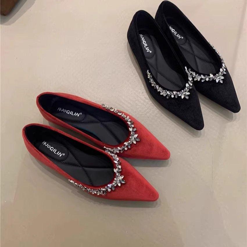 2025 Spring Shallow Commuter Single Shoes Women's Pure Desire Wind Sweet French Pointed Rhinestone Velvet Soft Sole Wedding Shoes Flat