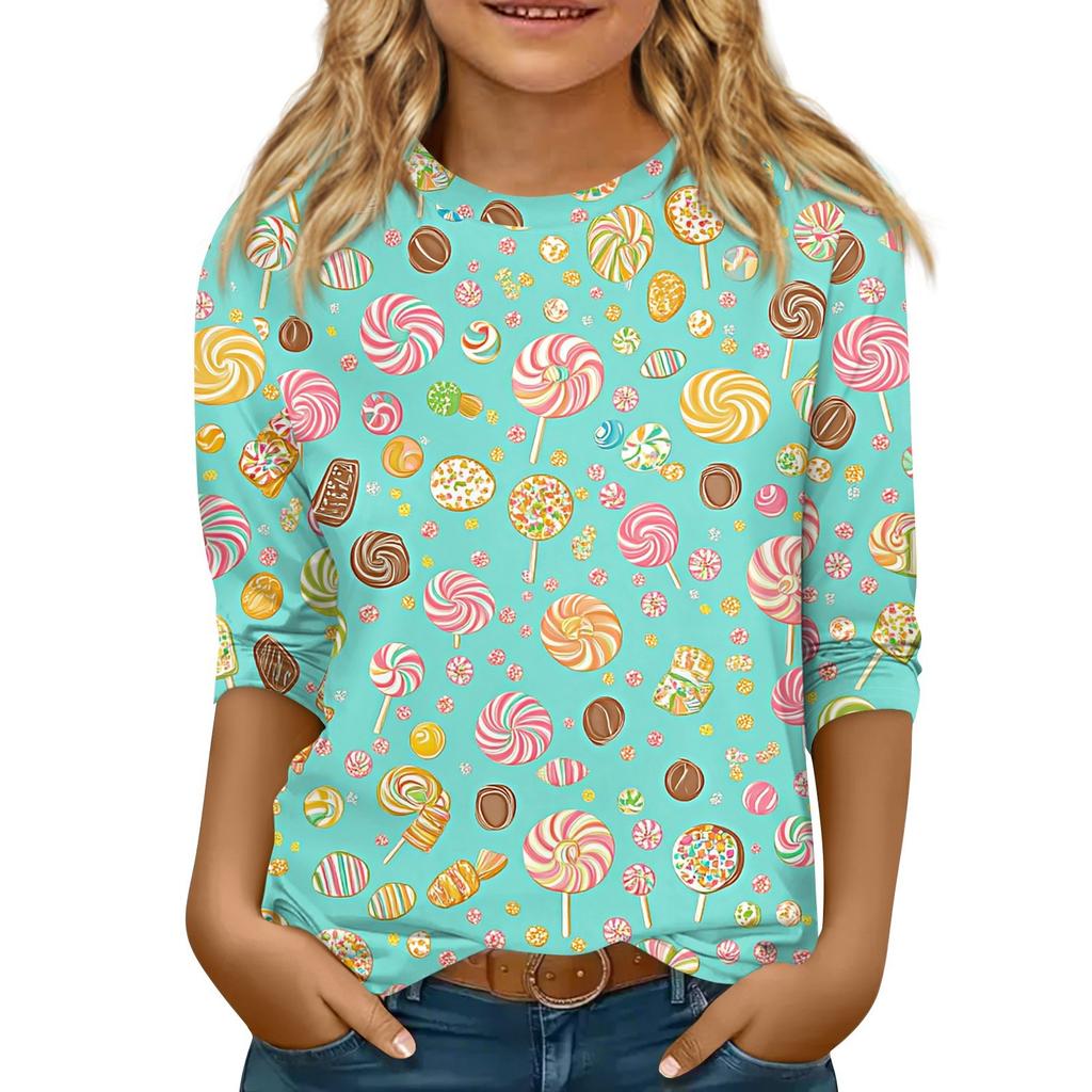 Kinder 3/4 Ärmel Tops Casual Print T-Shirt Rundhals Pullover Bluse