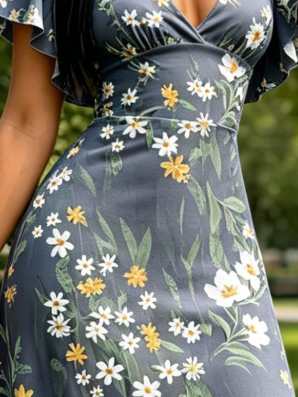 Summer Women's Slate Blue Ditsy Daisy Floral Print V Neck Flutter Sleeve A-Line Maxi Dress Casual Dress