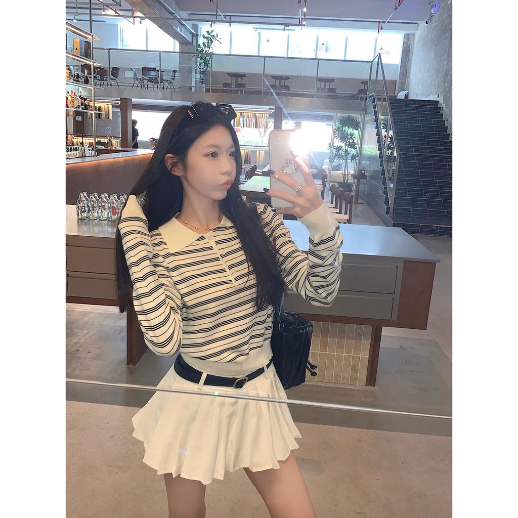 Button polo collar contrasting striped short top women's autumn and winter versatile knitted sweater backing sweater