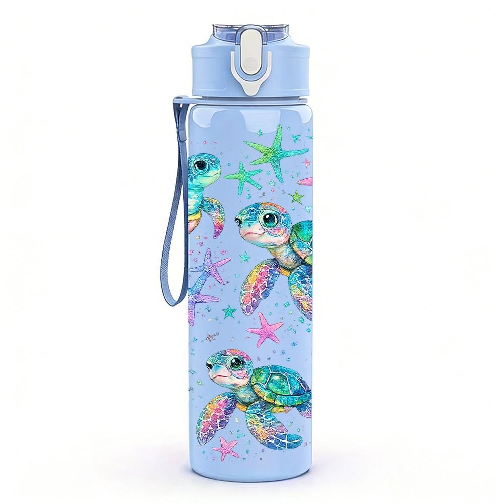 1PC Ocean Sea Turtle Starfish Print 750ml Color Plastic Sports Water Bottle Leakproof Flip Straw Lid Suitable for Sports Office Home Use